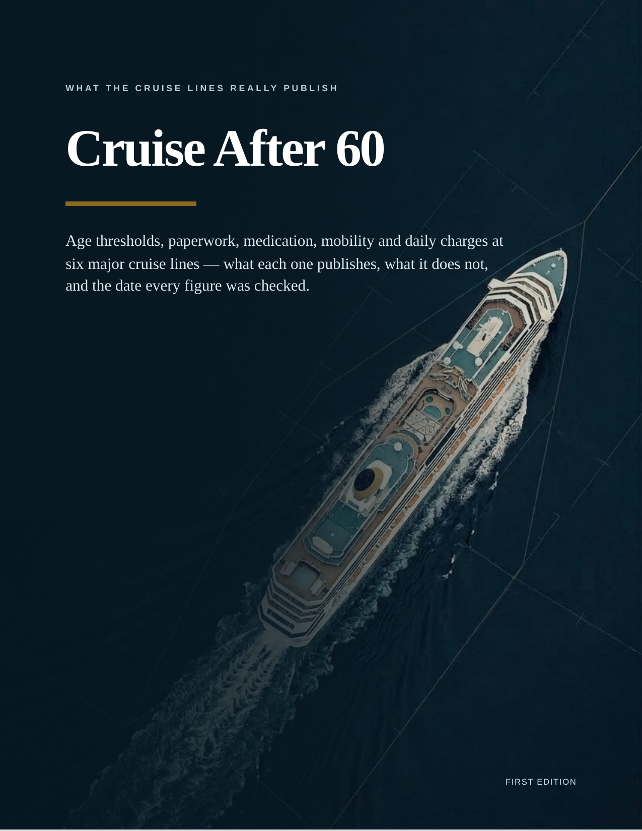 Cover of Cruise After 60: an aerial cruise ship over deep navy water with a subtle nautical route line.